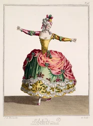 Kostümentwurf für Silphide im Ballett der Elemente, spätes 18. Jahrhundert (handkolorierter Stich)